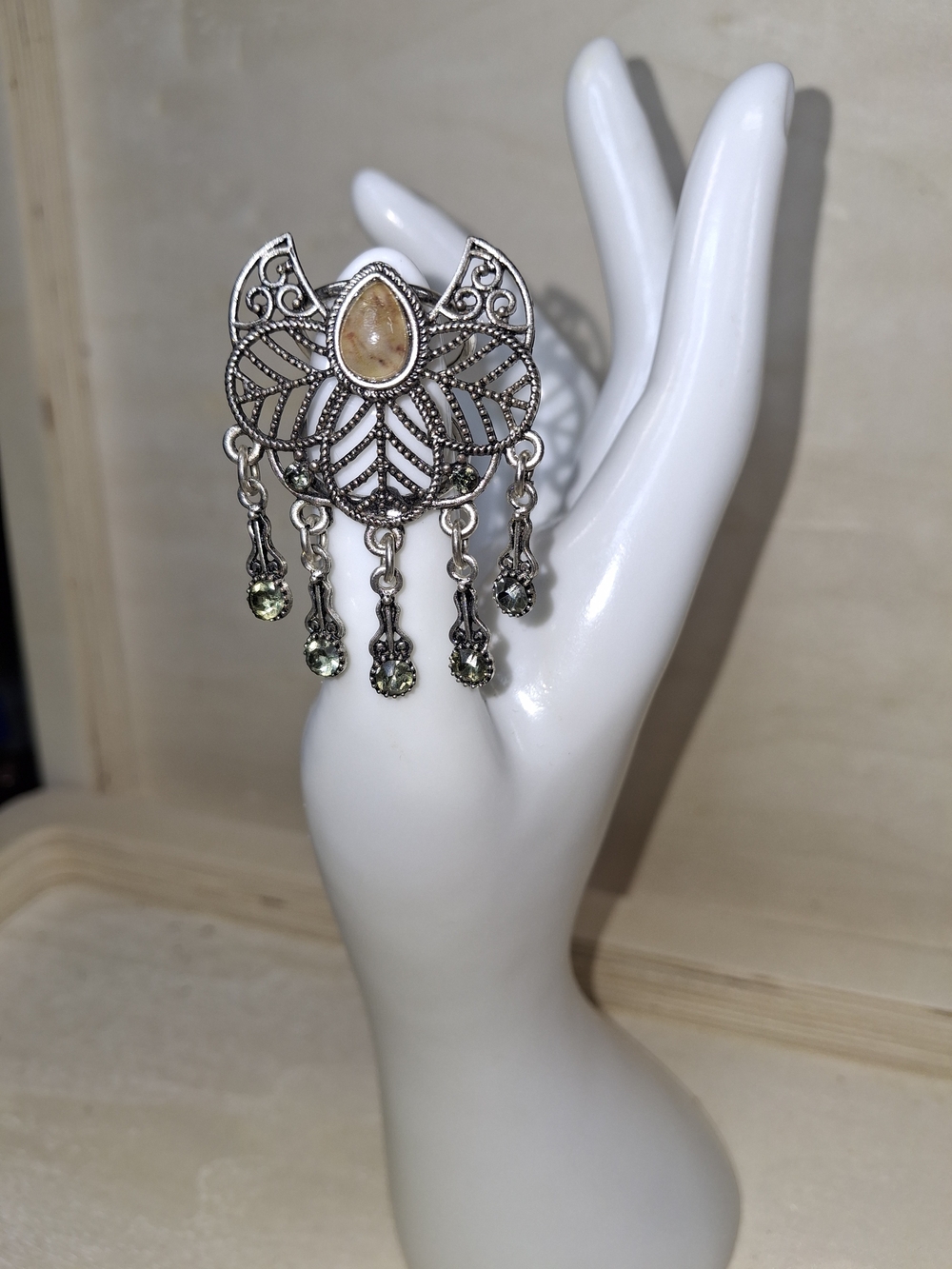 Silver Filigree Brooch with Amber Teardrop and Green Crystal Drops